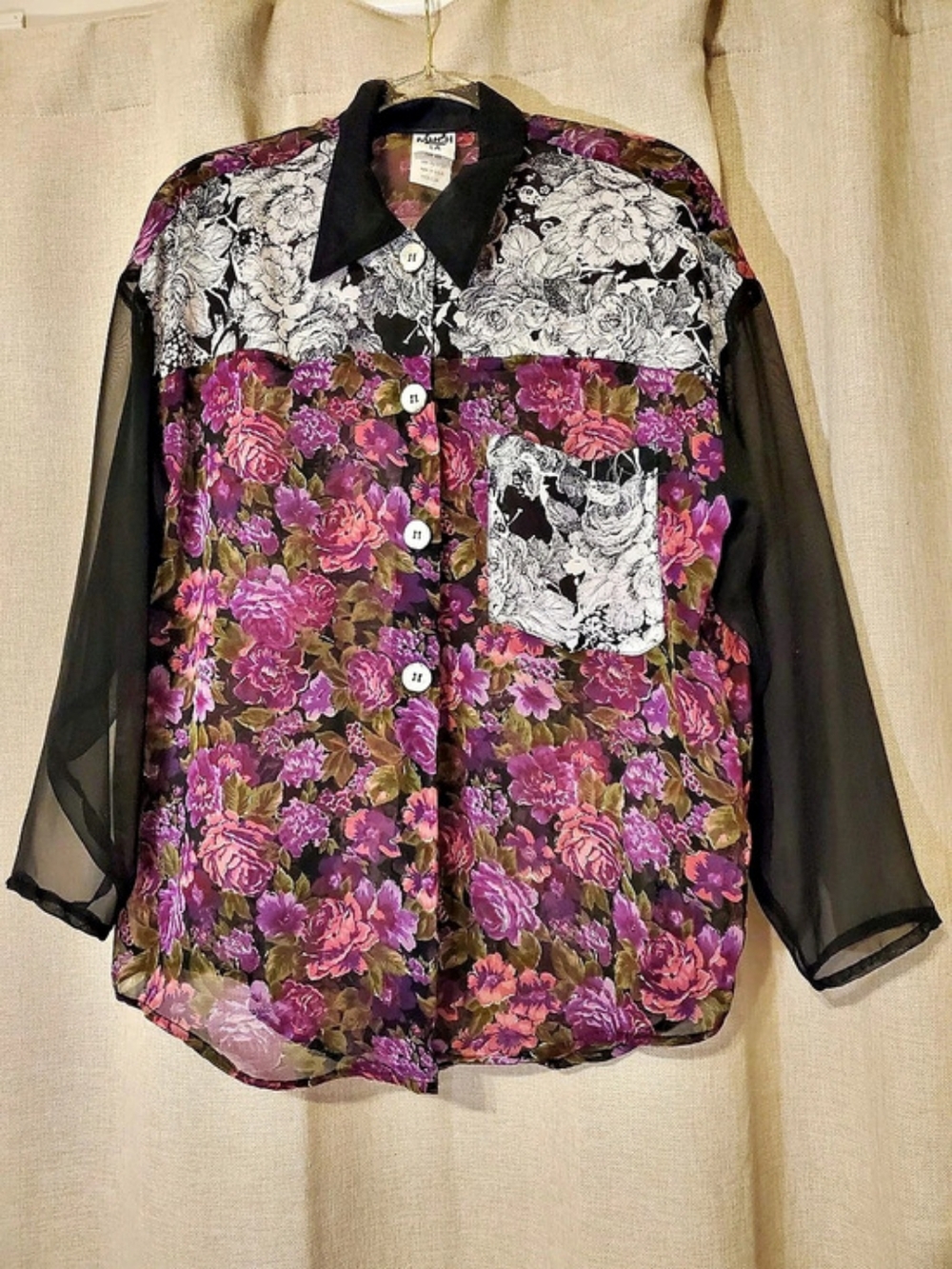 Vintage 80's 2 Much L.A Floral Button Front Blouse in Purple & Black Size Medium